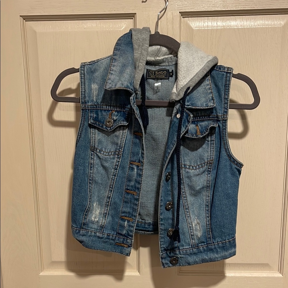 Ci Sono Blue Denim Vest with Gray Hood